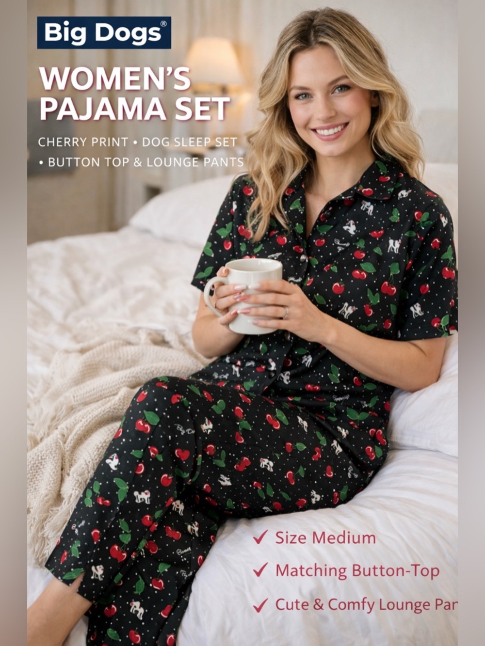 Big Dogs Women’s Pajama Set Medium Cherry Print Dog Sleep Set Button Top Lounge
